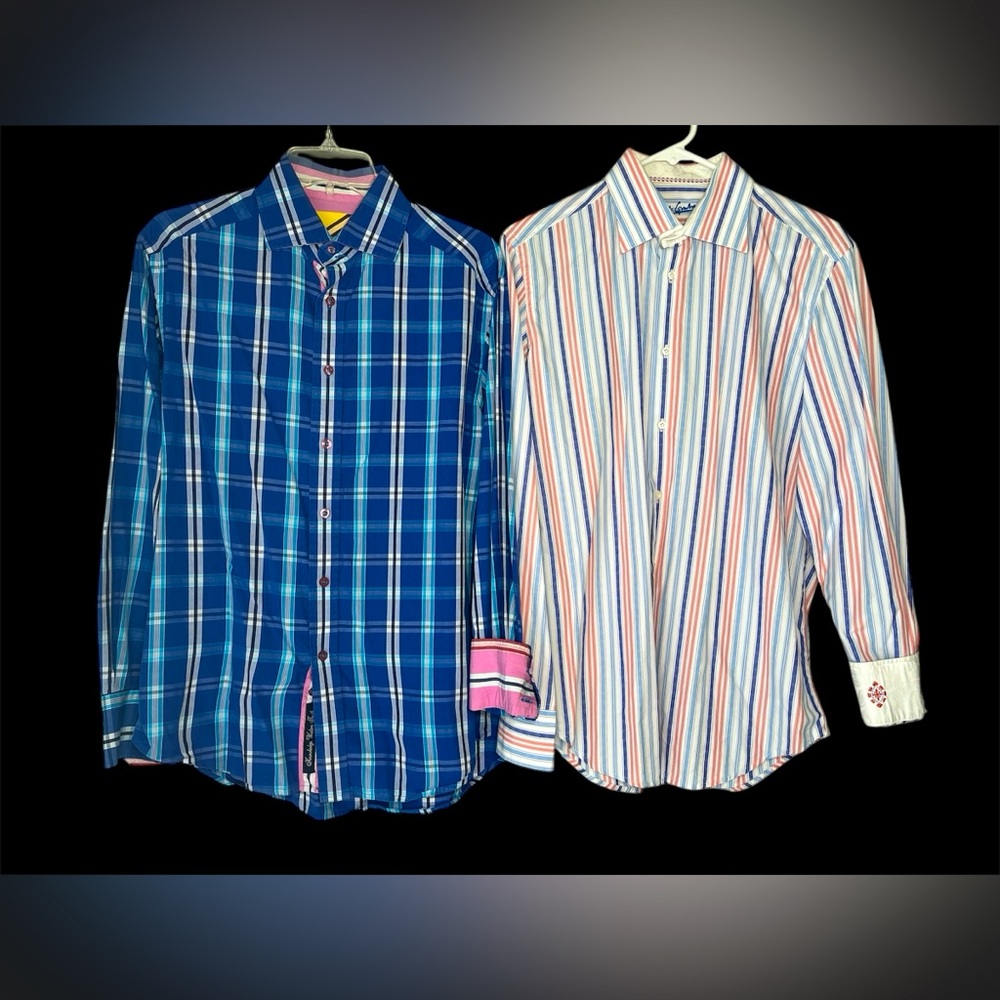 Lot of 2 Robert Graham Shirts Size M Long Sleeve Contrasts Cuff Plaid Stripes